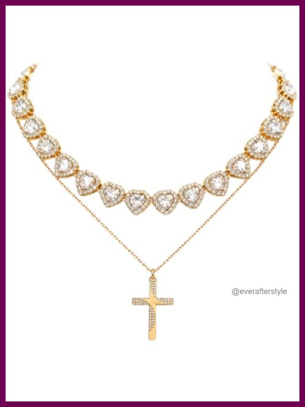 Gold Plated Cross & Rhinestone Heart Layered Necklace Set | 18K Gold Plated